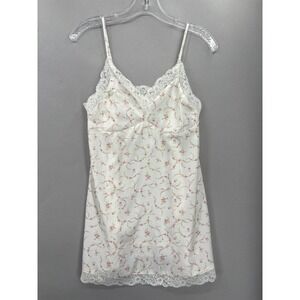 Frankies Bikinis Slip Dress Small White Pink Floral Lace Trim Made USA Slip